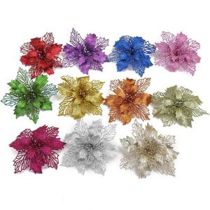 Poinsettia Kerstbloem, 20 stuks, glitter, kerststerren, bloemen met clips, voor kerstboomdecoraties, kerstbloemen voor Kerstmis, tuin, Nieuwjaar, kransen, roze