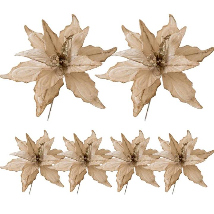 6pcs Poinsettia Blumen künstlich 11 Zoll lebensee Weihnachtsblumen weiche künstliche Blumen mit Glitzerpulver für Weihnachten Neujahrsfeierdekorationen, leichte Gold, Weihnachts