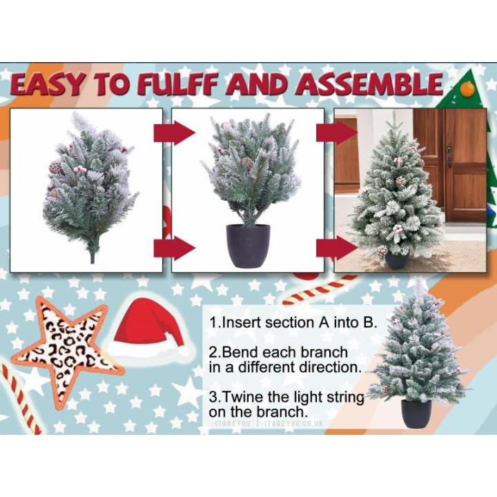 Tafelkerstboom, kleine kerstboom, 6 dennenappels, 6 bessen, 155 takjes (kunstijskralen en dunne kunstsneeuw), pluizig en realistisch, vakantiesfeer, 7,5 m