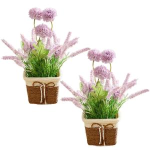 Künstliche Blumen in Töpfen 2pcs kleine realistische künstliche Hortensie Lavendel rustikale Kunststoffpflanzen mit Weaven -Topf gefälschte Bonsai -Pflanzen Hochzeitstisch Home