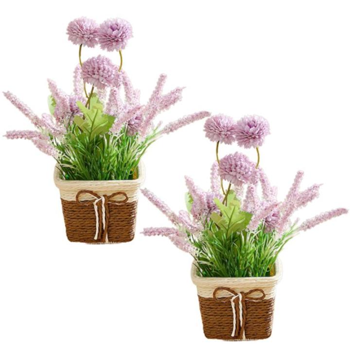 Künstliche Blumen in Töpfen 2pcs kleine realistische künstliche Hortensie Lavendel rustikale Kunststoffpflanzen mit Weaven -Topf gefälschte Bonsai -Pflanzen Hochzeitstisch Home