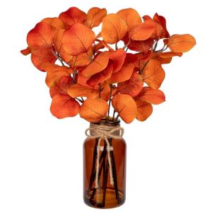 Kunstmatige eucalyptus takken met amber glazen vaas, oranje eucalyptus, kunststof plant, eucalyptus, realistische eucalyptus, decoratie, zilveren dollar voor tafeldecoratie, kantoo
