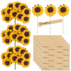 100 stuks kunstzonnebloemen, 3,5 cm, met 90 stickers, decoratieve bloemen, klein met metaaldraad, met steel, feest, bruiloft, doe-het-zelf, plakboek, kaarten, decoratie