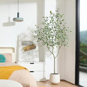 Ficus Benjamina Kunstplant 180 cm, witte pot, nep tropische plastic , groot voor woondecoratie, slaapkamer, tuin (1 stuks)
