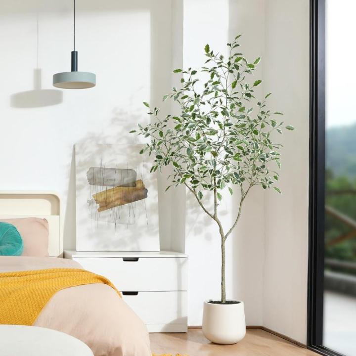 Ficus Benjamina Kunstplant 180 cm, witte pot, nep tropische plastic , groot voor woondecoratie, slaapkamer, tuin (1 stuks)