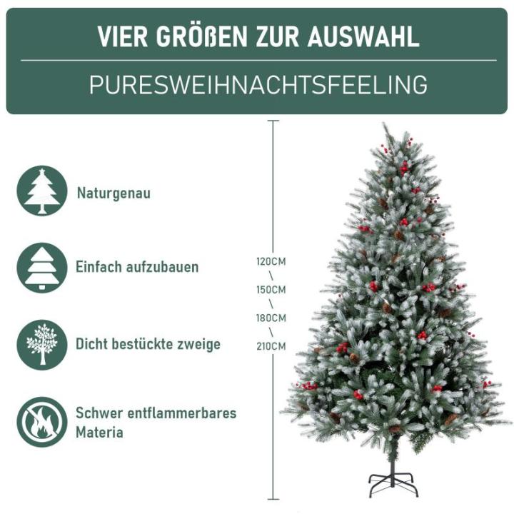 Kunstkerstboom, 180 cm, dicht gevulde takken, premium PE/pvc, kerstboom met dennenappels en rode bessen, houten standaard