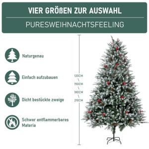 Kunstkerstboom, 210 cm, dicht gevulde takken, premium PE/pvc, kerstboom met dennenappels en rode bessen, houten standaard