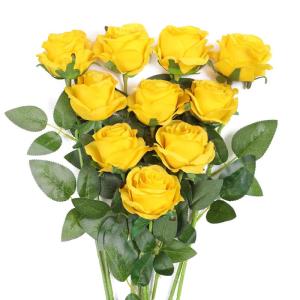 10 stuks gele rozen, kunstzijden bloemen, rozen met stelen, doe-het-zelf, bruiloft, boeket, thuis, kantoor, bruiloftsarrangementen (geel)