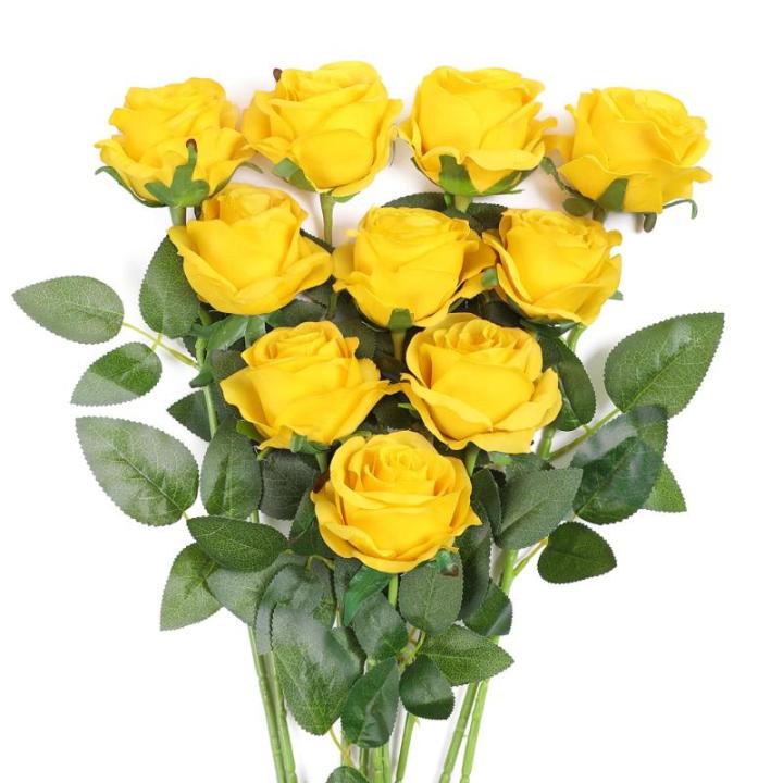 10 stuks gele rozen, kunstzijden bloemen, rozen met stelen, doe-het-zelf, bruiloft, boeket, thuis, kantoor, bruiloftsarrangementen (geel)