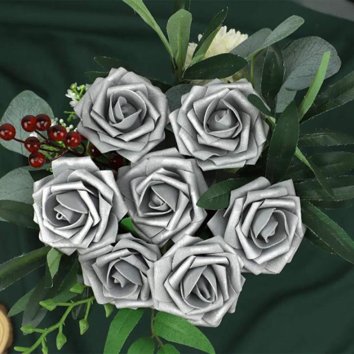 Künstliche Rosen Blume, 25 Stück Schaumrosen Fake Rosen mit Stielen für Hochzeit Blumensträuße Braut Babydusche Party Zuhause Dekoration, Silbrig