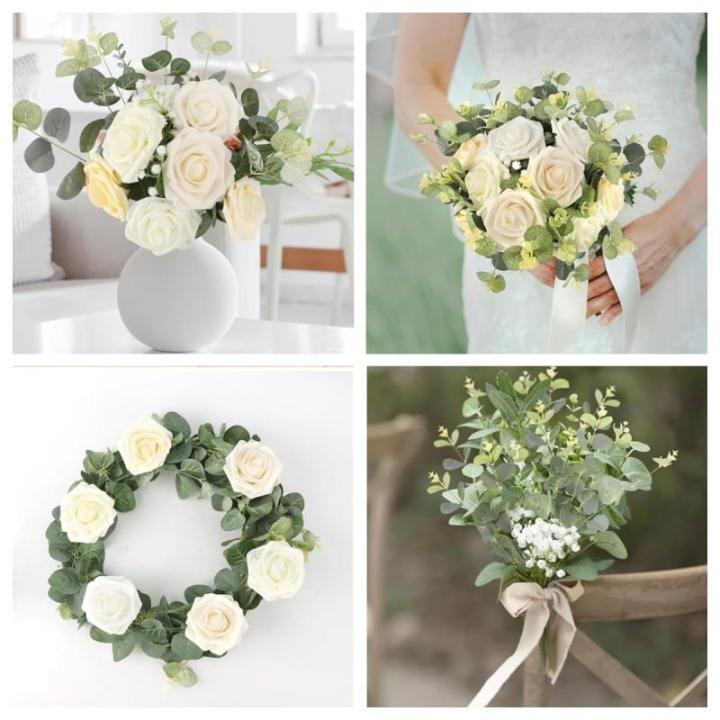 Kunsteucalyptus-stammen, 8 stuks, eucalyptus bladplanten, groene eucalyptus-stammen, bladeren, boeketten voor bloemen, slinger, krans, bruiloft, thuis, tafel, indoor, outdoor decor