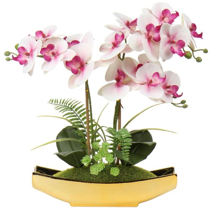 Phalaenopsis Kunstmatige Orchidee in pot, goudkleurig, 38,1 cm, kunstbloem voor tafelopzetstuk, woonkamer, woondecoratie
