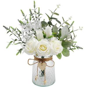 met vaas, kunstmatige witte roos, bloemen in vaas, nep-eucalyptusplant, bloemstuk voor tafelmiddelstukken, babyshower, thuis, keuken, kantoor, coffeeshop, decoraties