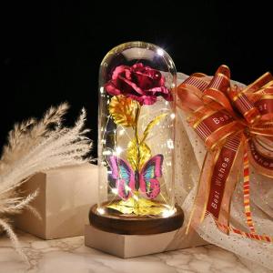 Ewige Rose im Glas mit Licht, Weihnachtsglasabdeckung, simulierte Rosenlichtdekoration, Geburtstagsgeschenk für Frauen Hochzeit Jahrestag Valentinstag(Rot)