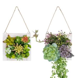 Opknoping Muur decoratieve voor Home Decor Indoor Vetplanten Planten Kunstmatige in Houten Frame 3D Groen Muur Art Decor Faux Planten voor Woonkamer Kwekerij Achtergrond (Set van 2