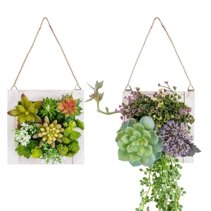 Opknoping Muur decoratieve voor Home Decor Indoor Vetplanten Planten Kunstmatige in Houten Frame 3D Groen Muur Art Decor Faux Planten voor Woonkamer Kwekerij Achtergrond (Set van 2