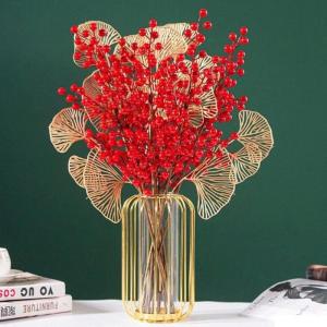 Kunstblumen Gefälschte Blumensimulationsblume, Beeren-Glücksfrucht mit Leichter Luxus-Vase aus Schmiedeeisen für Zuhause, Hochzeit, Party, Büro für jeden Anlass