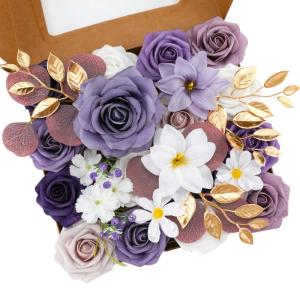 Kunstbloemen combo paarse bloemen mix zijden bloemen kunstrozen met stelen voor bruiloft bruidsboeketten, tafeldecoratie, babyshower, bloemstuk, woondecoraties