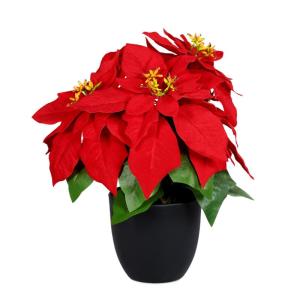 Poinsettia Kunstkerstster in zwarte pot, 30 cm, kunstbloem poinsettia in natuurgetrouwe replica, kerstbloem, decoratieve plant, zijdebloem, kunstplant, winterbloem met fluweelachti