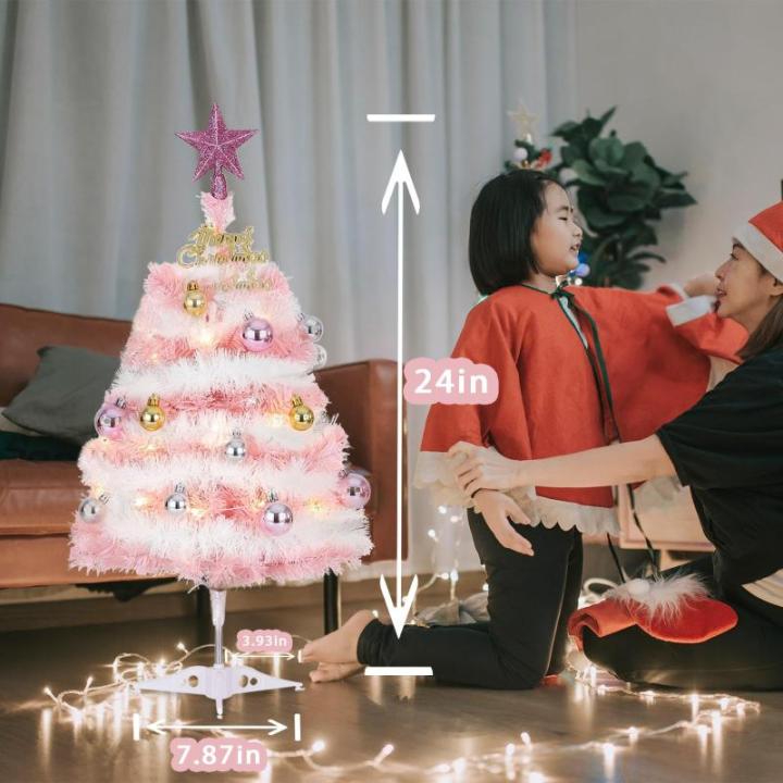 Kleine roze kerstboom, 60 cm mini-kerstboom met led-lichtketting en hangende ornamenten, werkt op batterijen, doe-het-zelf kerstboom voor kerstdecoraties