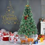 Kunstkerstboom, 210 cm, pvc, met sneeuweffect, dennenappels, kerstboom met snel op te bouwen, klapsysteem, brandvertragende kunstdennenboom met metalen standaard