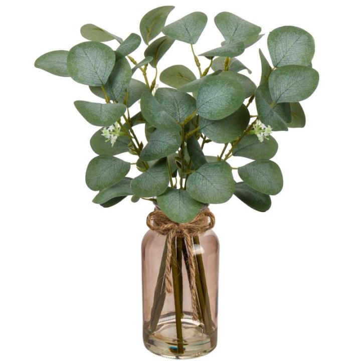 Kunstmatige eucalyptus takken met glazen vaas, eucalyptus kunststof plant, eucalyptus, realistische eucalyptus, decoratie, zilveren dollar voor bruiloft, tafeldecoratie, kantoor, w