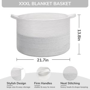 XXL grote wasmand, opbergmand, wasmand voor kinderen, opbergmand voor speelgoed, katoenen touw, mand met handvat voor dekens en kussens, 55 x 35 cm, wit met