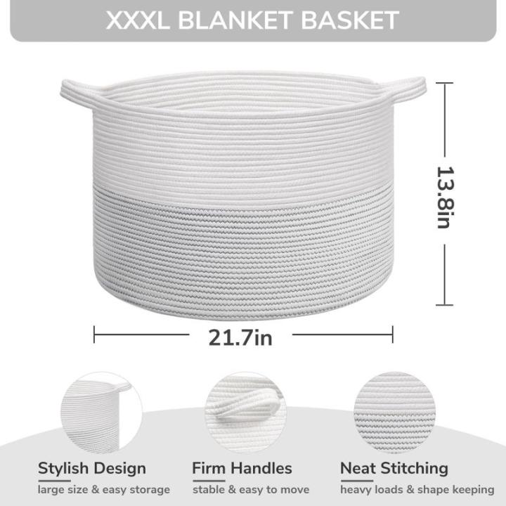 XXL grote wasmand, opbergmand, wasmand voor kinderen, opbergmand voor speelgoed, katoenen touw, mand met handvat voor dekens en kussens, 55 x 35 cm, wit met