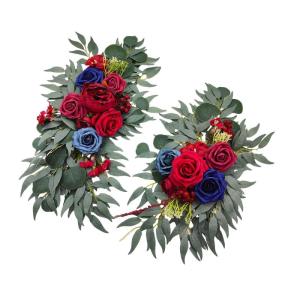 Bruiloftsboogbloemen, bloemenslingers voor bogen, woondecoratie, groene bladeren, kunstbloemenslingerset voor binnen, set van 2 voor recepties, rood blauw