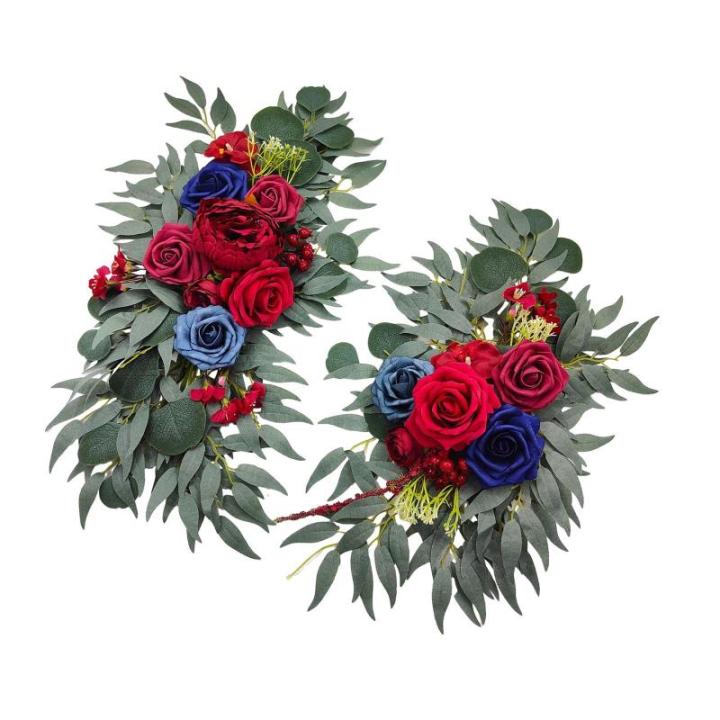Bruiloftsboogbloemen, bloemenslingers voor bogen, woondecoratie, groene bladeren, kunstbloemenslingerset voor binnen, set van 2 voor recepties, rood blauw