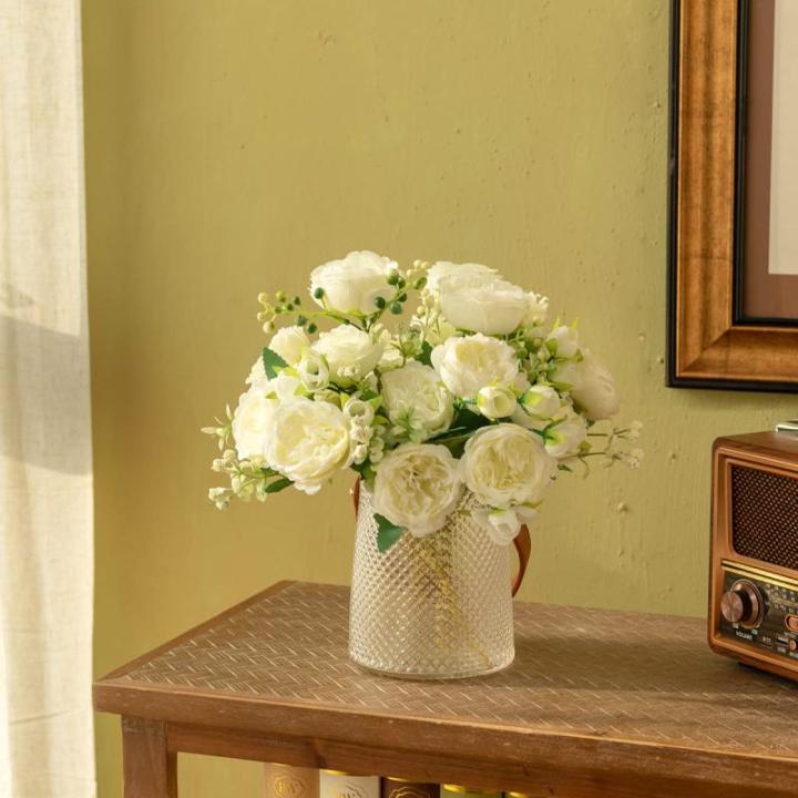 4 trossen pioenrozen voor decoratie kunstrozen nepboeket echte touch zijden bloemen voor vaas bruiloft woondecoratie (wit)