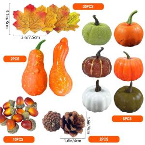 50 stuks Thanksgiving decoratieset, Halloween-bedank-pompoen-decoratieset, Thanksgiving-decoratieset, mini-pompoenset, kunstmatige esdoornbladeren, dennenappels, pompoenen en hazel