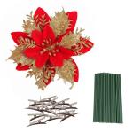 Künstliche Weihnachtsblumen, 24 Stück, Weihnachtsbaum-Blumen mit Clips, Weihnachtsbaumschmuck, künstliche Blumenornamente für Winter, Hochzeit, Party, Kranz, Dekoration (Rot + 