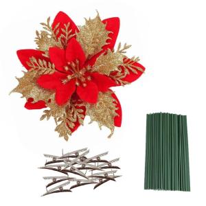 Künstliche Weihnachtsblumen, 24 Stück, Weihnachtsbaum-Blumen mit Clips, Weihnachtsbaumschmuck, künstliche Blumenornamente für Winter, Hochzeit, Party, Kranz, Dekoration (Rot + 