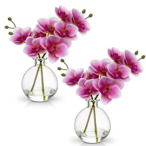 2 stuks roze kunstorchideeën met glazen vaas, kunstplant decoratie orchideeën kunstbloemen in vaas met Real Touch bloemen, namaak-orchideeën, kunstmatige bonsai voor hotel, woon