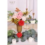 Kunstbloemen, rozen, 25 stuks, kunstrozen met steel, voor doe-het-zelf bruiloft, boeketten, bruid, woondecoratie, gemengd rood
