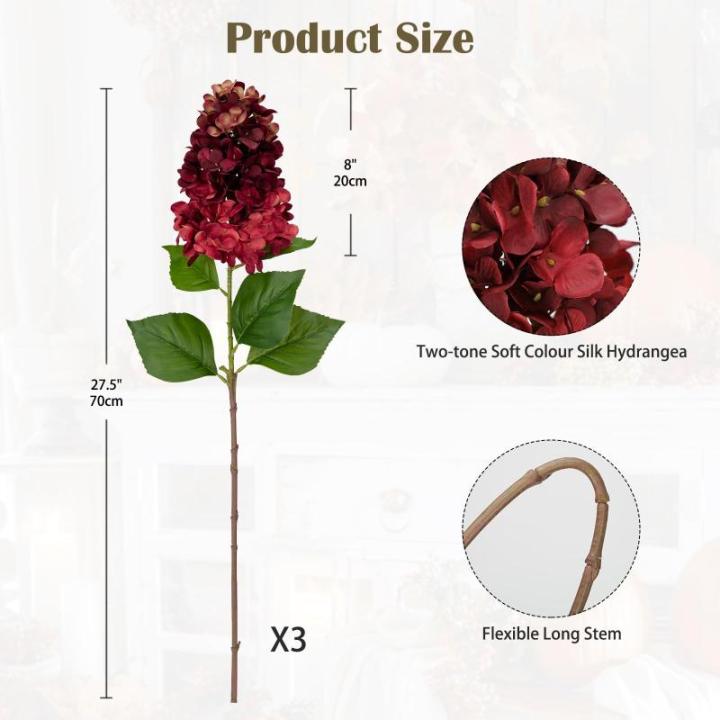 Set van 3 kunstmatige hortensia's als echte esdoortensia, 73 cm, donkerrode decoratieve bloemen, kunsttakken voor bloemstuk, thuis, resto herfstdecoratie