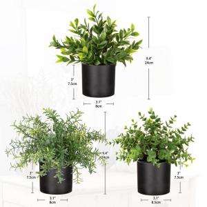 Set van 3 kleine planten in potten, , echte eucalyptus, mini-kunstrozemarijn, kunstmatige varenplant, sluierkruid, klein met potten, tafeldecoratie, thuis, balkon, kantoor decorati