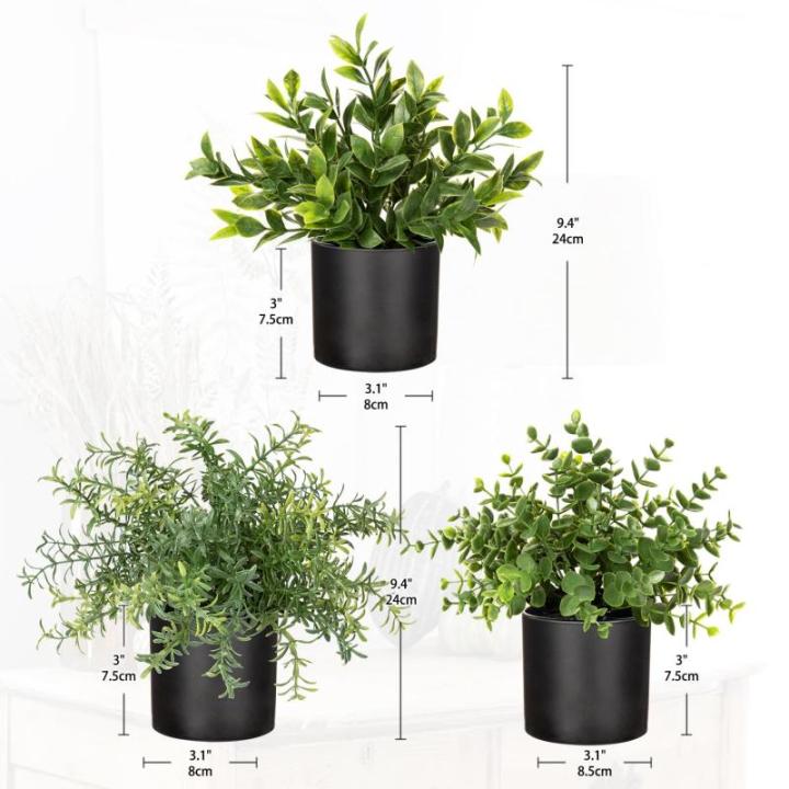 Set van 3 kleine planten in potten, , echte eucalyptus, mini-kunstrozemarijn, kunstmatige varenplant, sluierkruid, klein met potten, tafeldecoratie, thuis, balkon, kantoor decorati