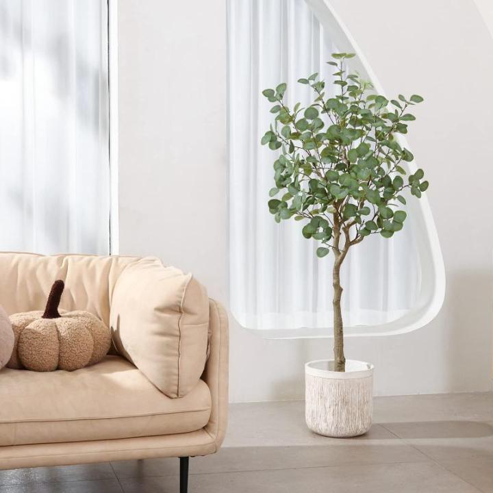 Kunstmatige eucalyptusboom, 150 cm, nep-eucalyptusboom met groene zilveren dollarbladeren, zijden faux eucalyptusboom met plastic kwekerijpot, voor thuiskantoor en binnendecoratie,