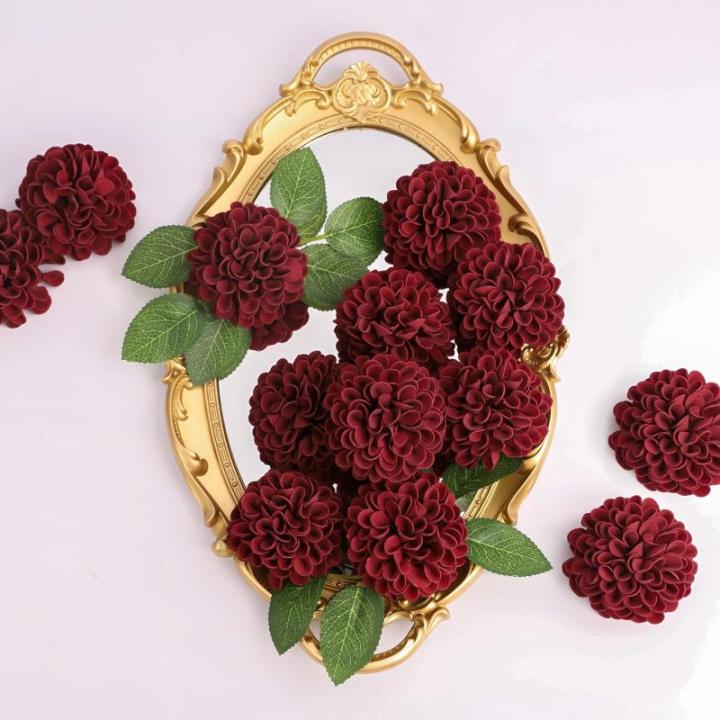 , 20 stuks dahlia-bloemen met bladeren en stelen, doe-het-zelf rode dahlia-schuim bloem voor bruiloft, boeketten, bloemen, centerpieces, arrangementen feesttafels,