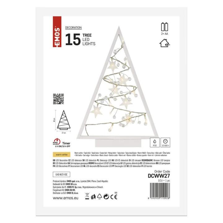 Lichtgevende kerstboom van hout, 15 leds, warm wit licht, kerstdecoratie, IP20 voor binnen, werkt op batterijen (2 x AA), levensduur 10.000 uur, 6/18 uur timer, 0,45 watt, 20 x 30 