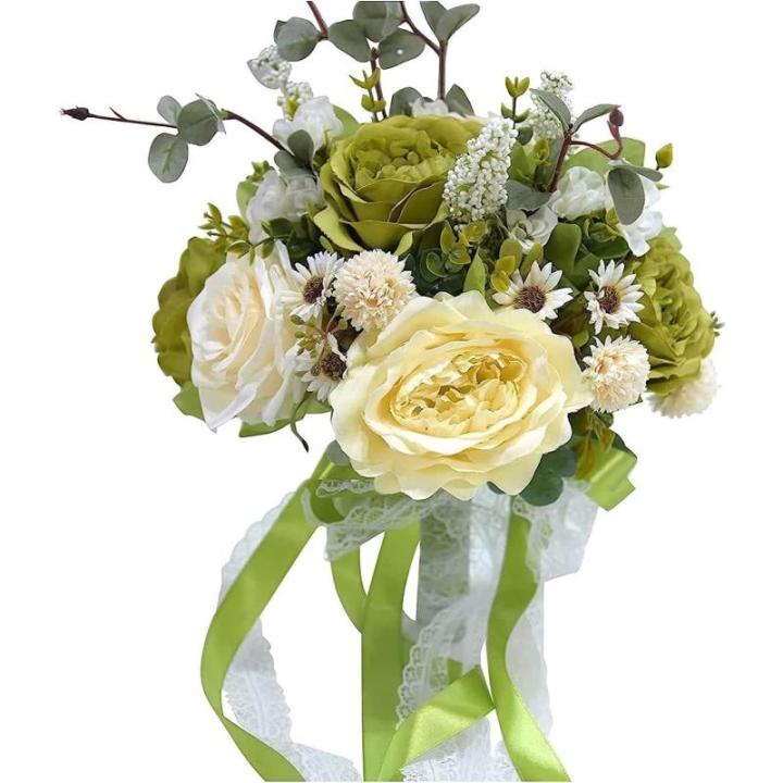 Hochzeitsstrauß for die Braut mit künstlichen Blumen, 10-Zoll-Hochzeitssträuße, künstlich blühende Rosen, Brautjungfernstrauß, Seidenrosen-Wurfsträuße.(Green)