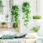 2 stuks kunstmatige hangende planten met manden, nep hangende klimop wijnstok muur opknoping planten groen voor huis tuin kamer bruiloft decoraties