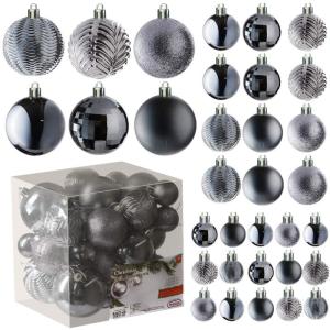 grijze kerstbalornamenten voor kerstversiering - 36 stuks kerstboom onbreekbare ornamenten met ophanglus voor vakantie- en feestdecoratie (combo van 6 stijlen in 3 maten)
