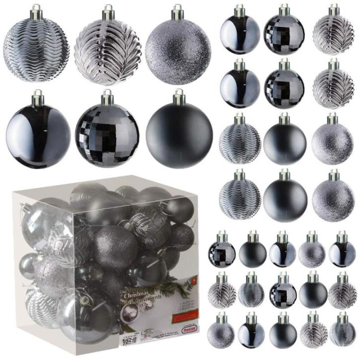 grijze kerstbalornamenten voor kerstversiering - 36 stuks kerstboom onbreekbare ornamenten met ophanglus voor vakantie- en feestdecoratie (combo van 6 stijlen in 3 maten)