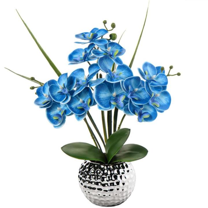 Kunstbloemen orchidee kunstplant Phalaenopsis blauwe bloemen decoratie hoogte 49 cm, stevig verankerd in keramische pot