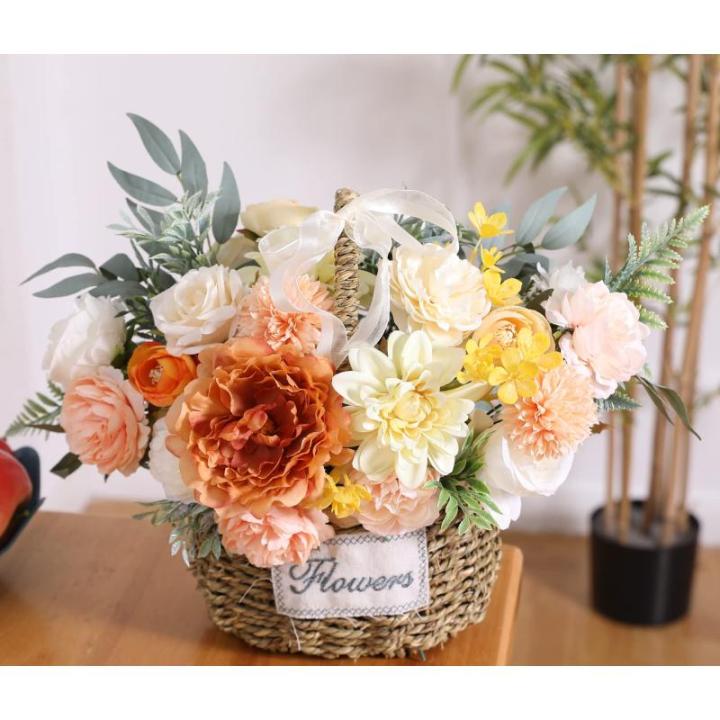 Kunstbloemkoppen, rozen, pioenrozen, dahlia's, bloemhoofden, zijden bloemen, voor feest, doe-het-zelf bruid, bruiloft, bloemstukken, combo decoratie (warm oranje)