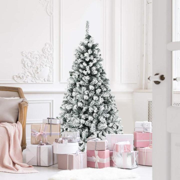 Kunstkerstboom met sneeuw en warmwitte ledverlichting, dennenboom met metalen standaard, pvc-naalden, kunstboom, klapsysteem, 180 cm
