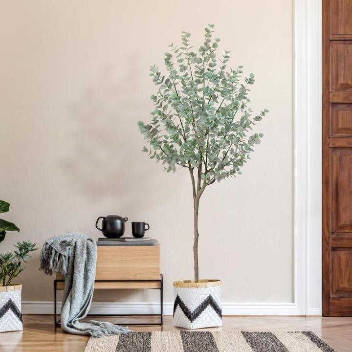 Kunstmatige eucalyptusboom, 180 cm, nep-eucalyptusboom met witte zilveren dollarbladeren, zijden faux eucalyptusboom met plastic kwekerijpot, voor thuiskantoor en binnendecoratie,
